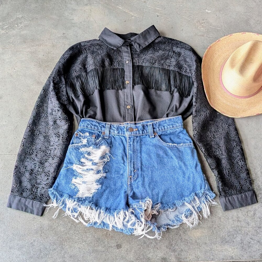 Vintage Western Black Fringe Lace Collared Button Front Blouse Coastal Cowgirl